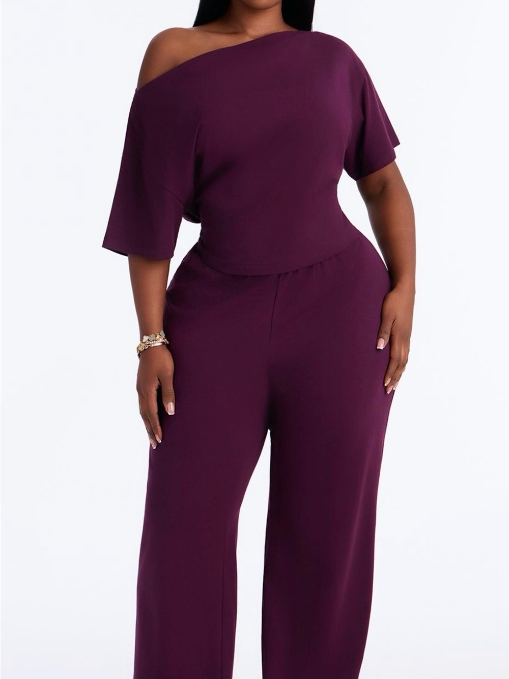 Fashion Nova One-Shoulder Wide-Leg Jumpsuit in Plum